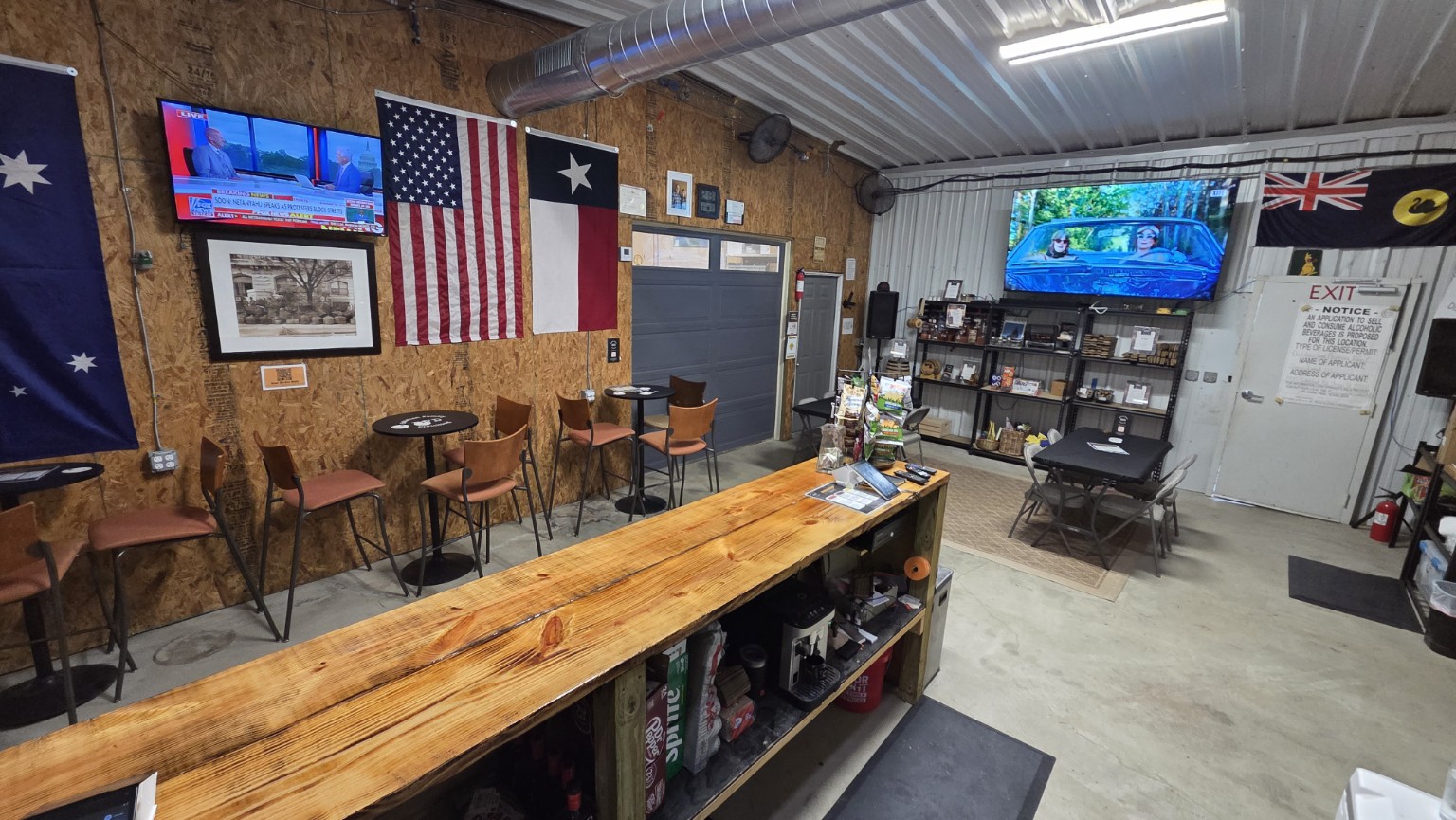 Seating and bar in the Bakalian Family Distilling tasting room