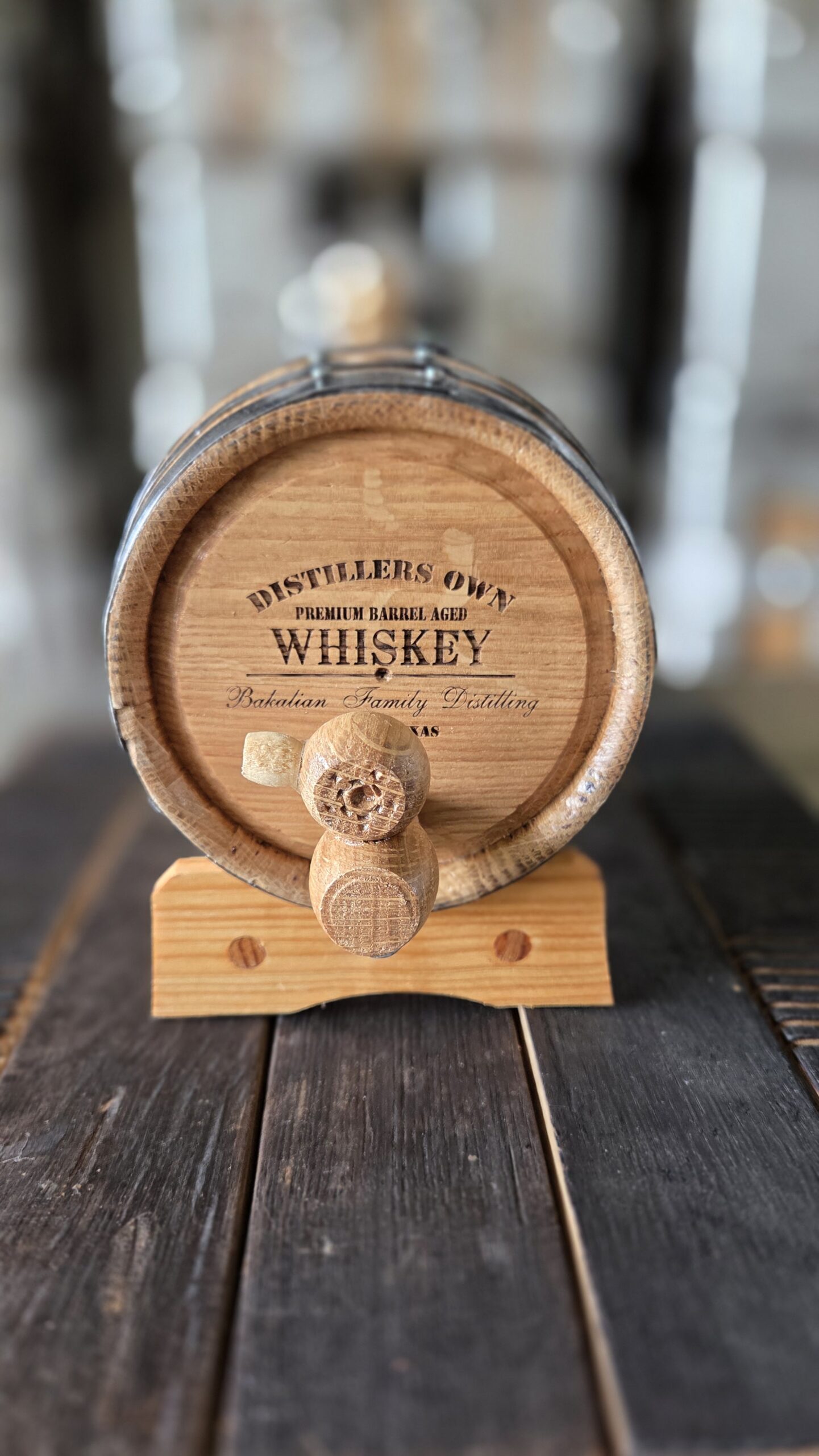 BFD engraved whiskey barrel on display at the distillery
