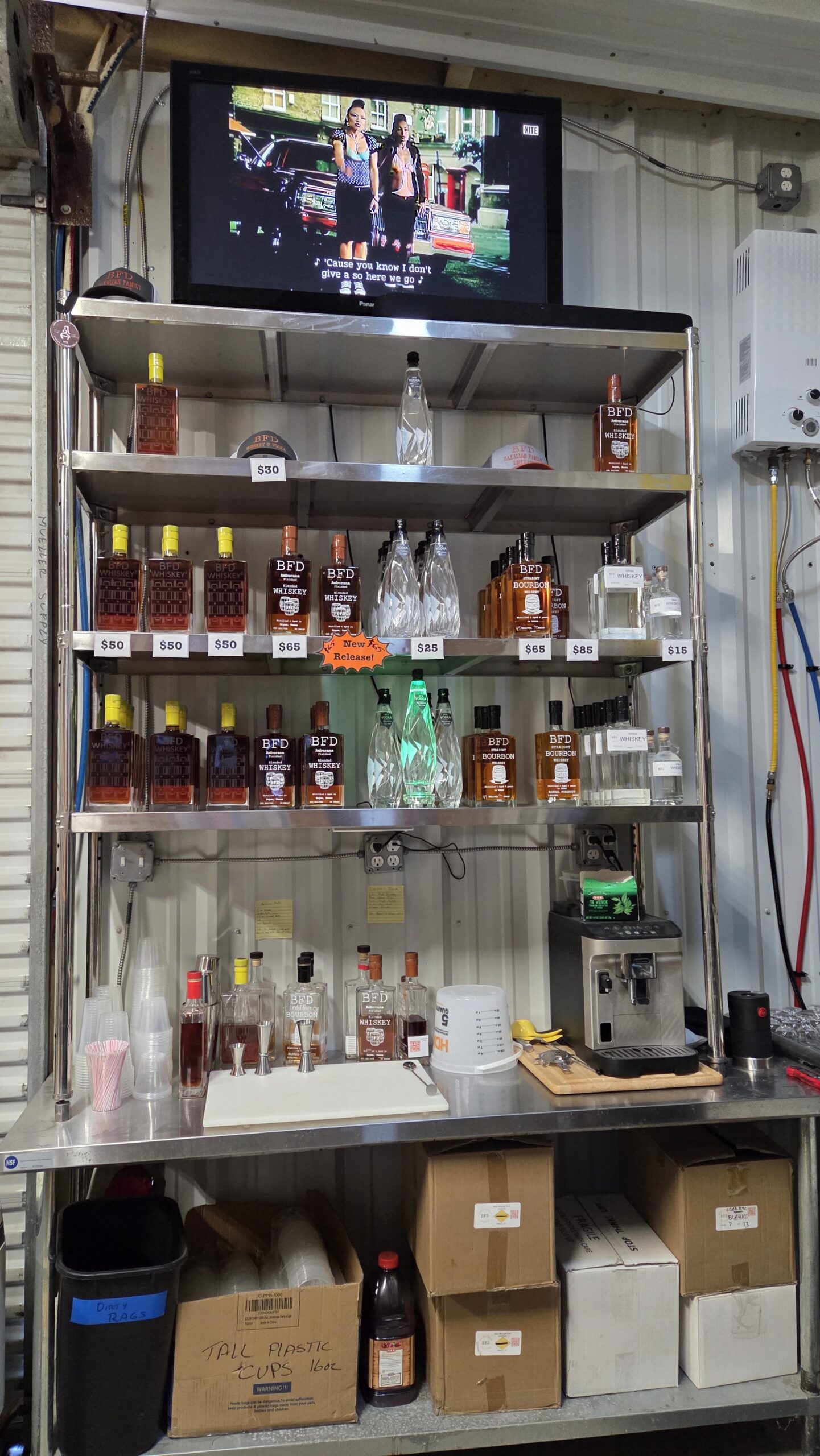 Display of BFD spirits at the tasting room